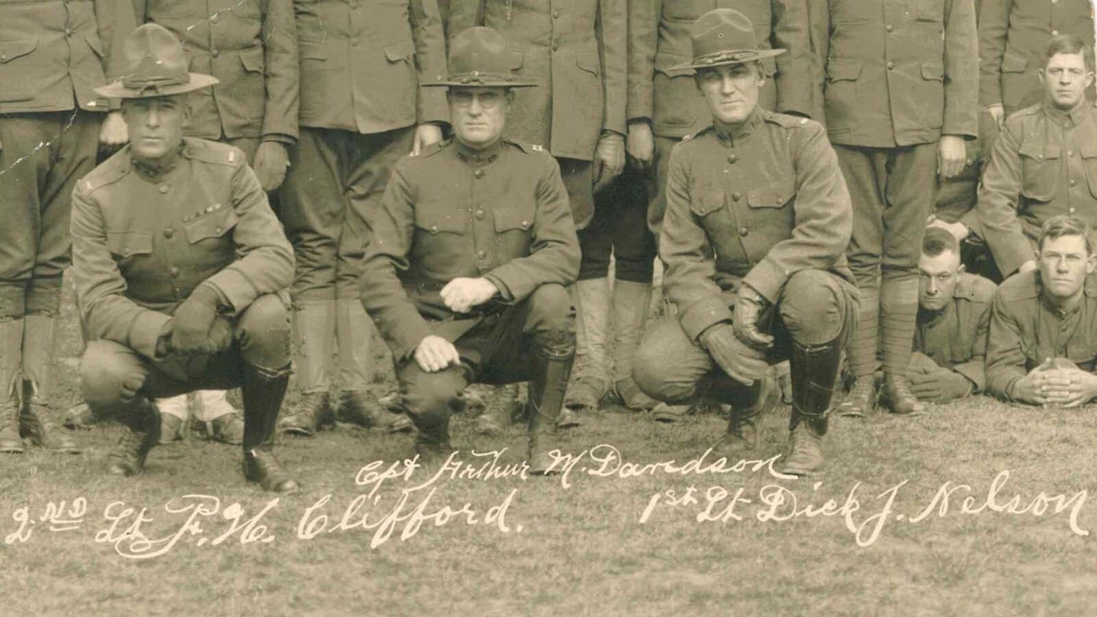 In 1918, Dick was trainmaster on the C.B.&Q., Omaha Division, Omaha, Nebraska. He enlisted and was given a commission as first lieutenant in the Army Engineer Corps. He's at the far right.