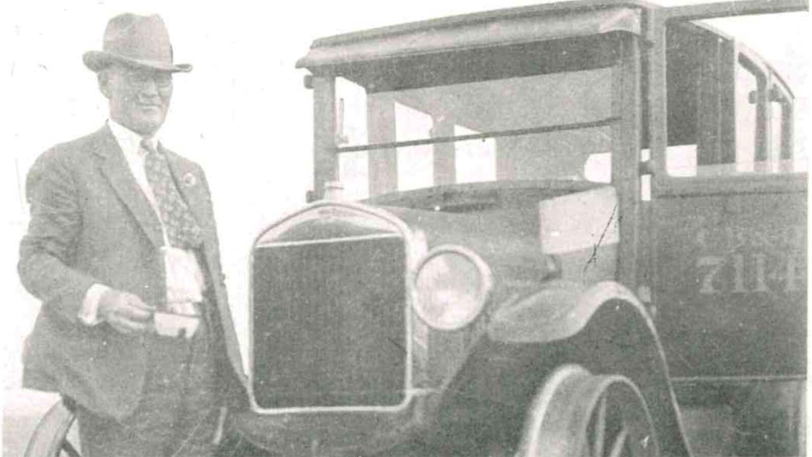 Dick Nelson pictured with a Ford track motor car. He was a railroad man that wrote about his adventures in the early days of Wyoming.