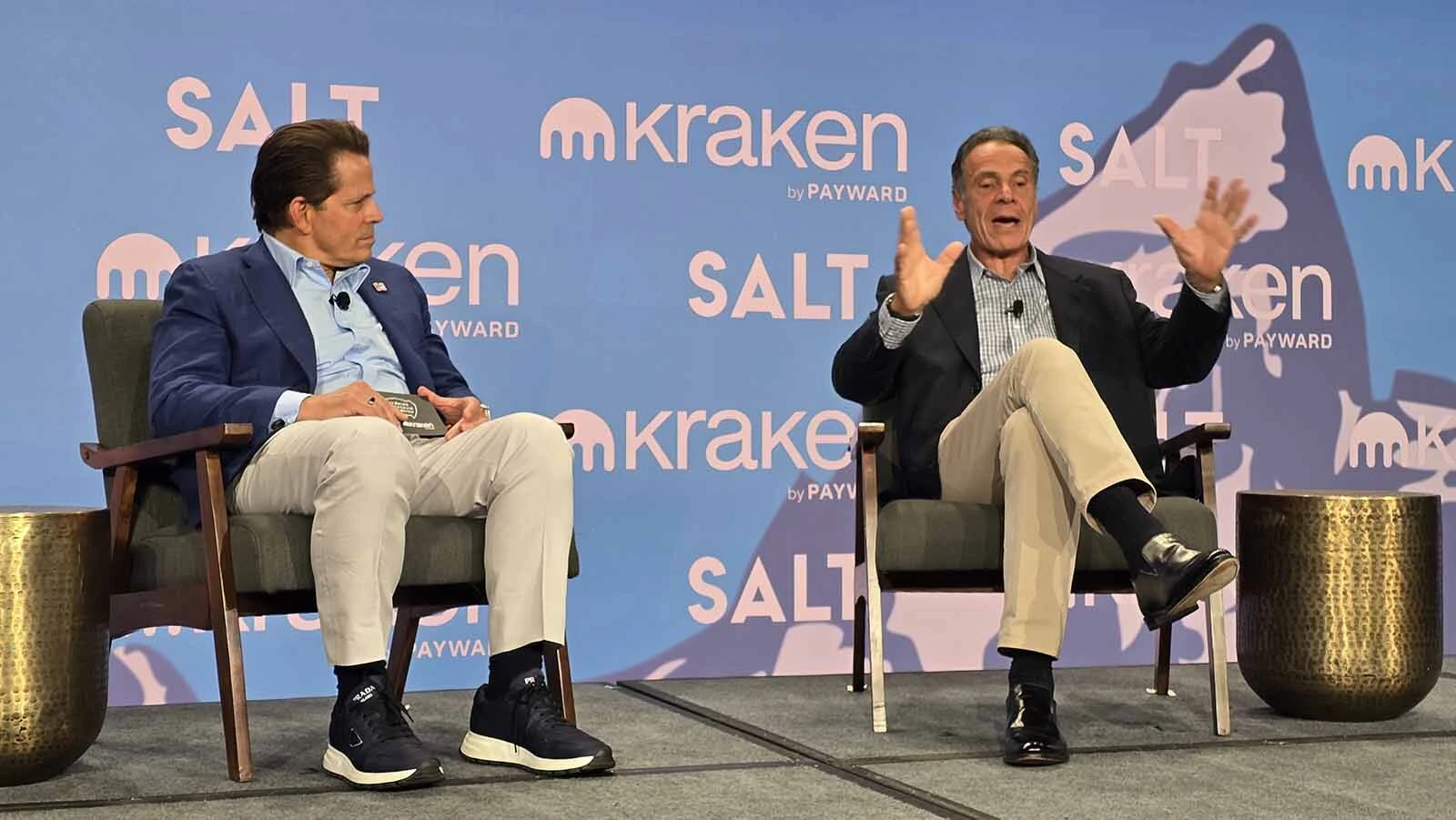 Andrew Cuomo, former governor of New York, talks about what he described as a “food fight” when it comes to the Clarity Act while moderator Anthony Scaramucci looks on.