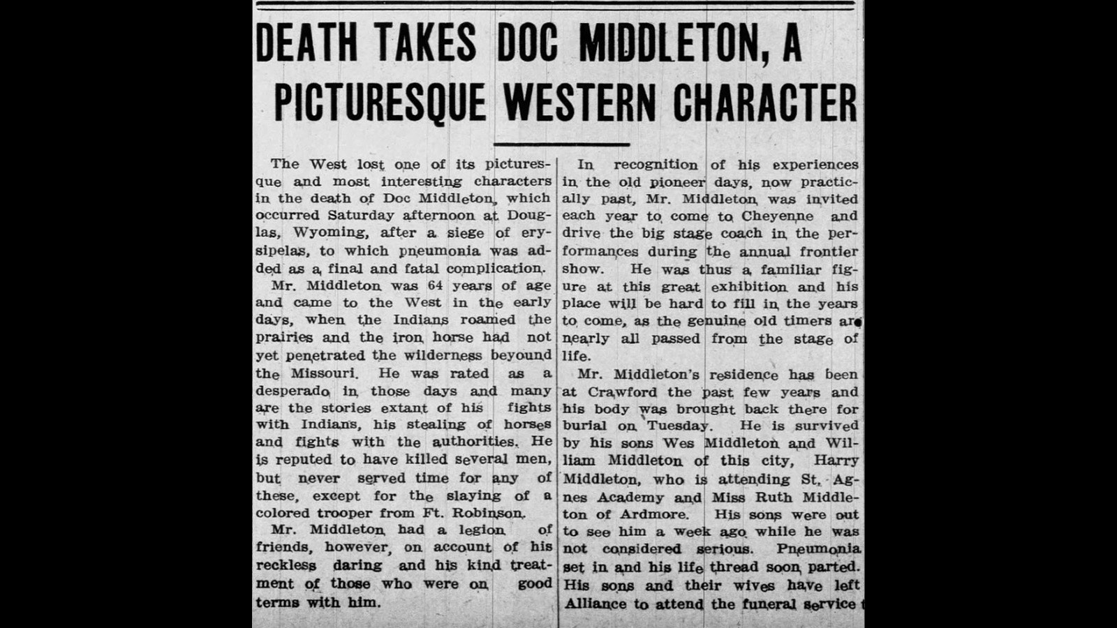 The Alliance, Nebraska Times Herald penned a front-page story at the passing of Doc Middleton.