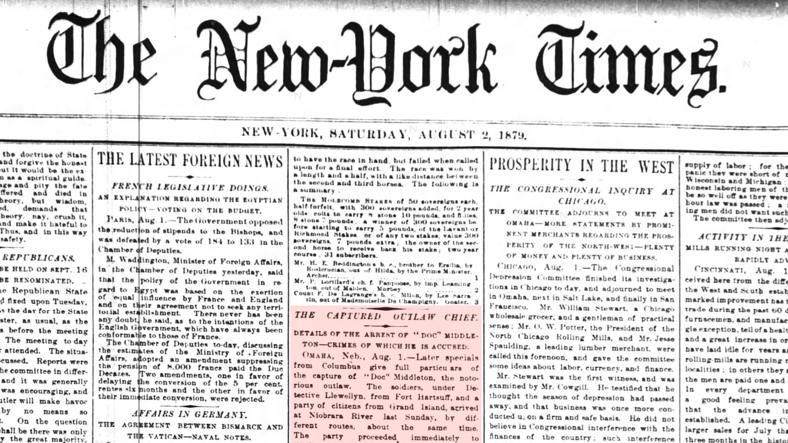 The New York Times on Aug. 2, 1979 carried a story reporting the capture of Doc Middleton.