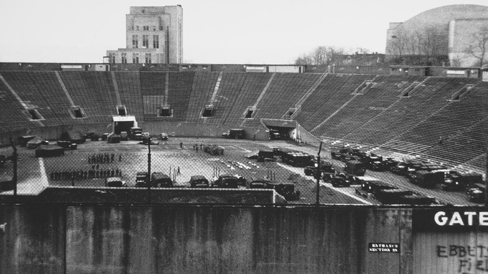 Ebbets Field baseball stadium during demolition, in the Flatbush neighbourhood of the Brooklyn borough of New York City, New York, in 1960. Ebbets Field was the home of the Brooklyn Dodgers baseball team.