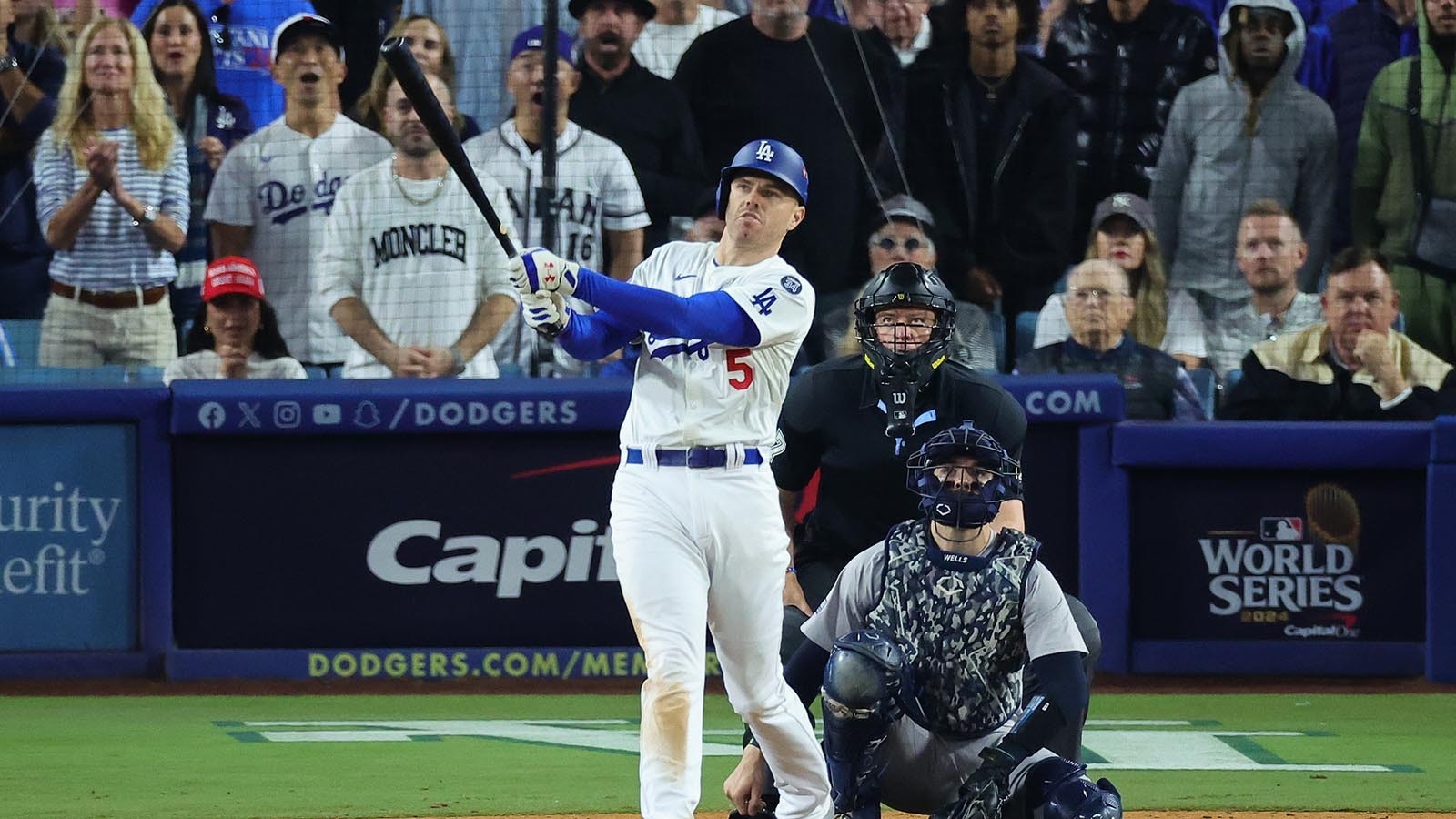 Freddie Freeman of the Los Angeles Dodgers hits a walk-off grand slam during the 10th inning against the New York Yankees during Game 1 of the 2024 World Series at Dodger Stadium on Oct. 25, 2024.