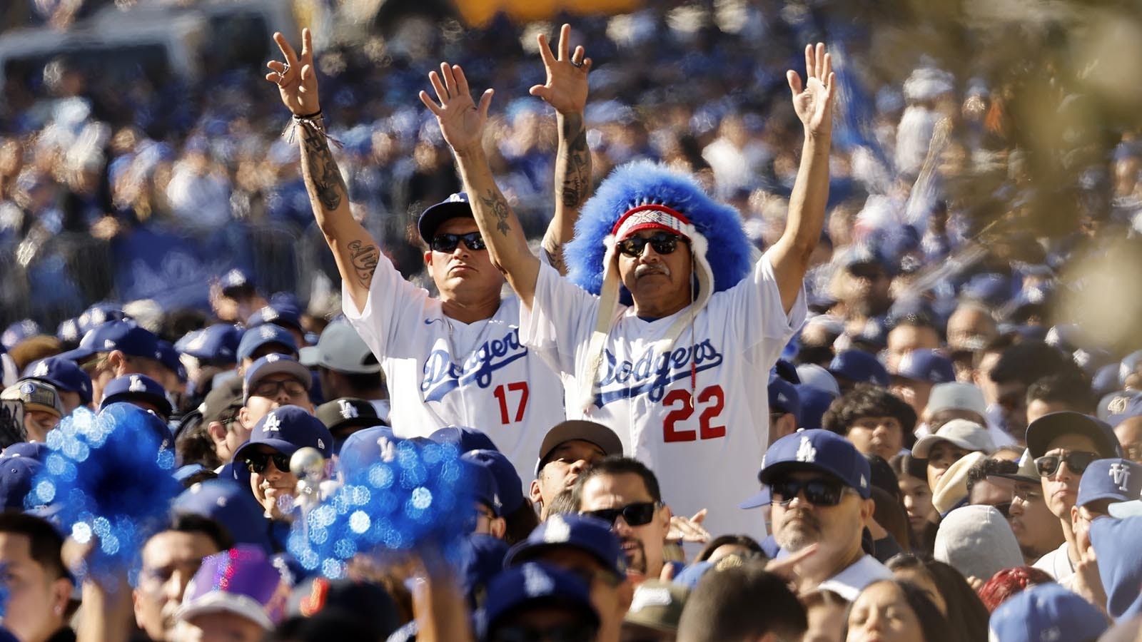 Fans gather along the parade route during the Los Angeles Dodgers 2024 World Series Championship parade on Nov. 1, 2024 in Los Angeles, California.