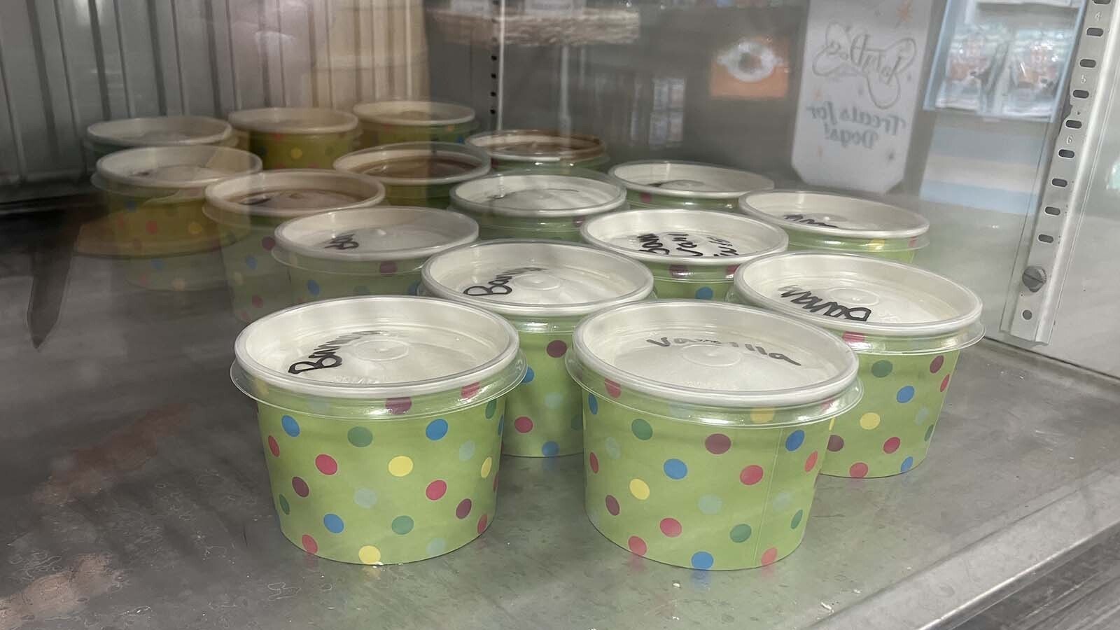 Several flavors of lactose-free ice cream made for dogs are in the freezer at the Unleashed Dog Bakery.