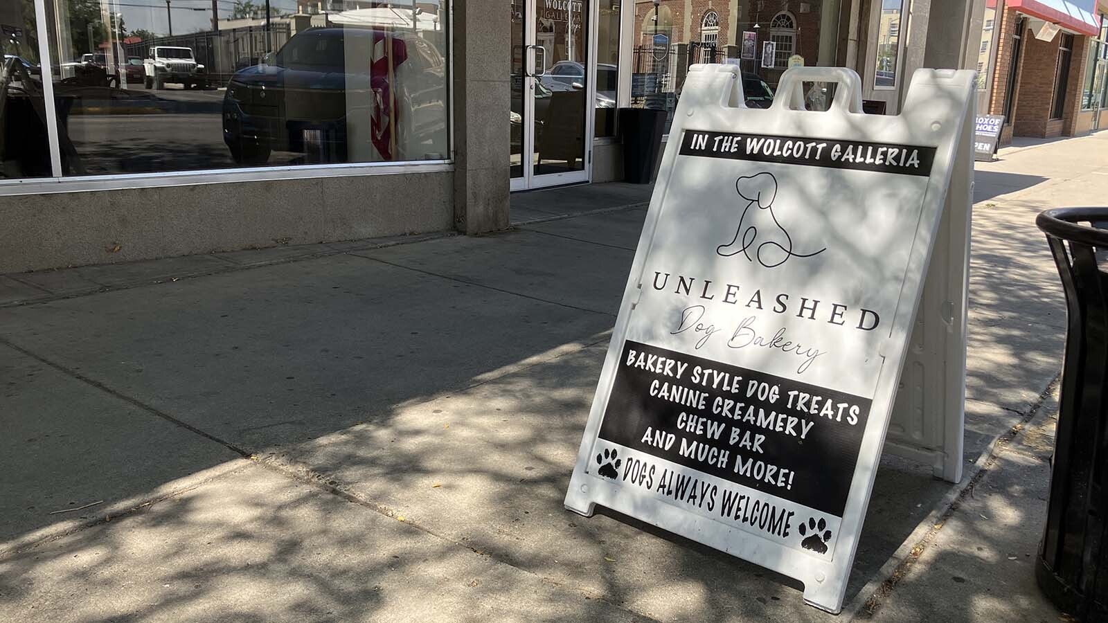 A sign on the sidewalk directs potential customers toward the Unleashed Dog Bakery. The signs are important to getting new customers into the mini mall to check out the dog bakery.