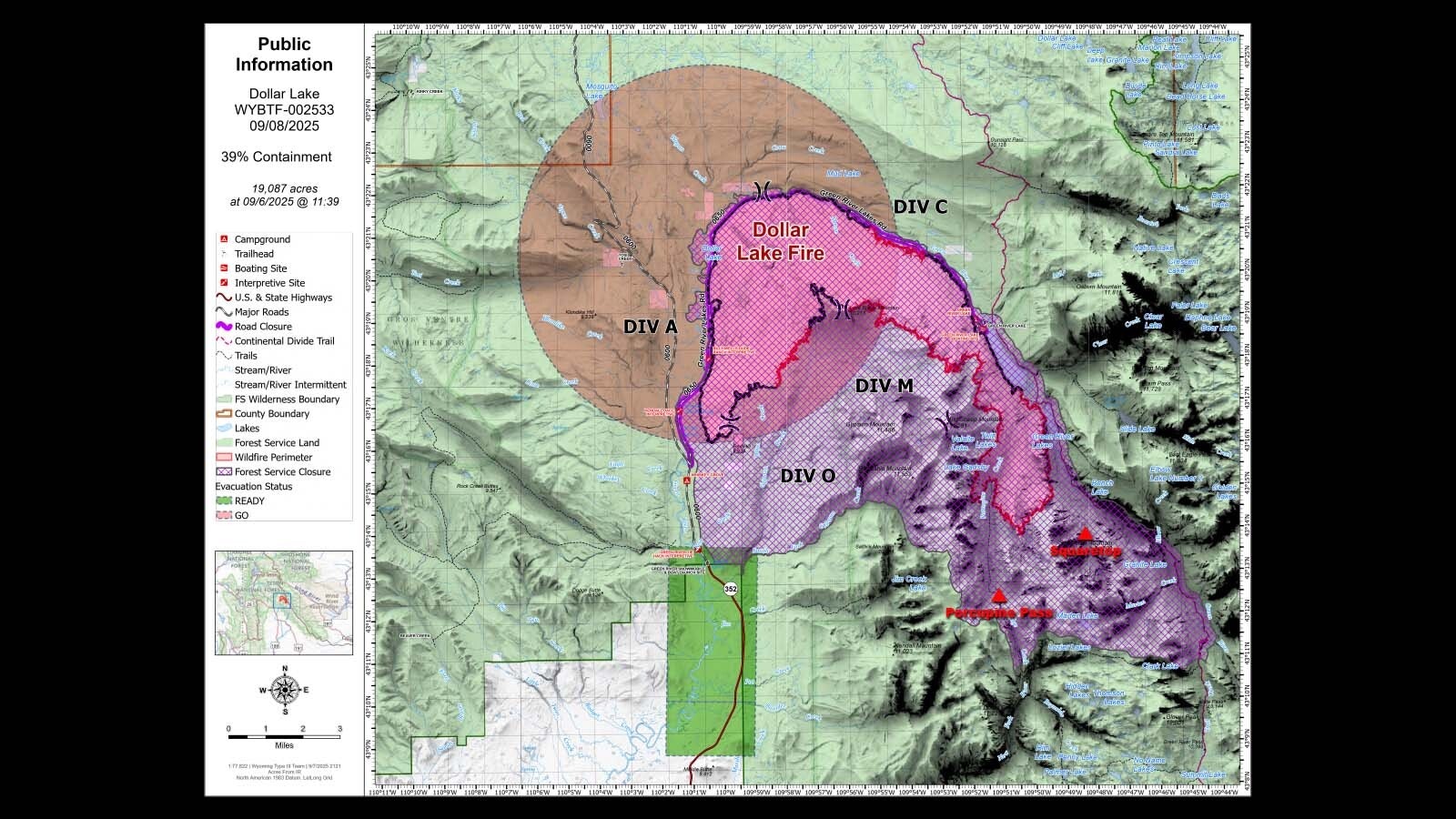 The Dollar Lake Fire as of Monday, with an arm reaching southeast toward Squaretop Mountain and Porcupine Pass.