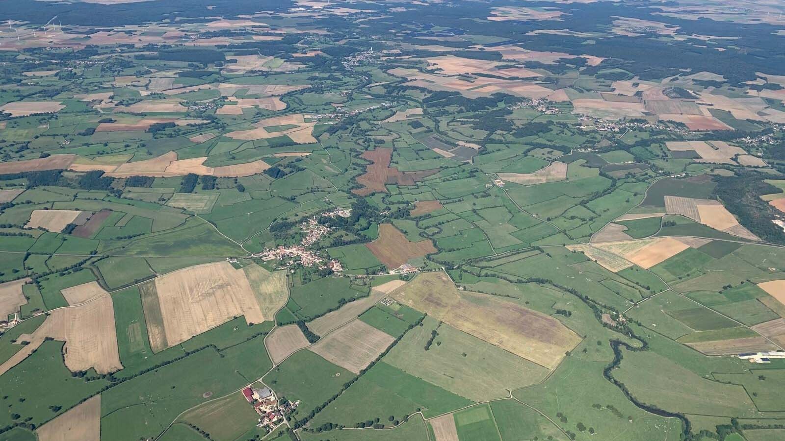 High above the landscape of Germany during the 2024 Gordon Bennett Cup aviation competition.