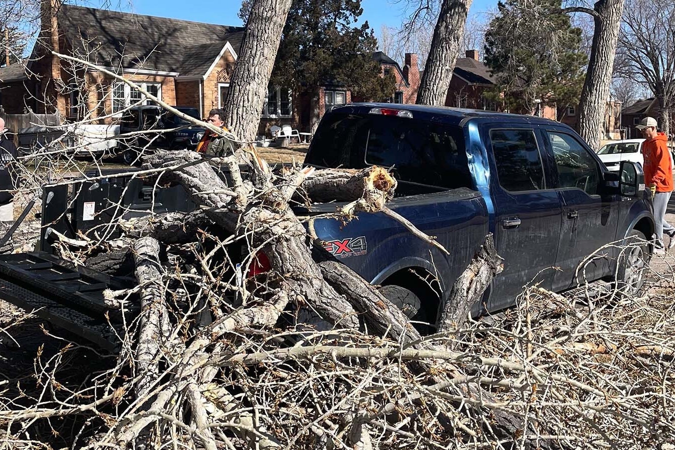 Not even the weatherman is exempt from the effects of Wyoming weather. This past weekend's wind storms dropped a large chunk of a giant cottonwood on his truck.