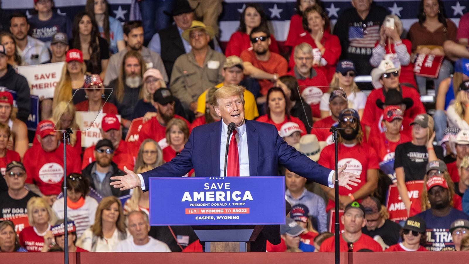 Former President Donald Trump addresses an enthusiastic crowd in Casper, Wyoming, in May 2022 during a rally in this file photo.