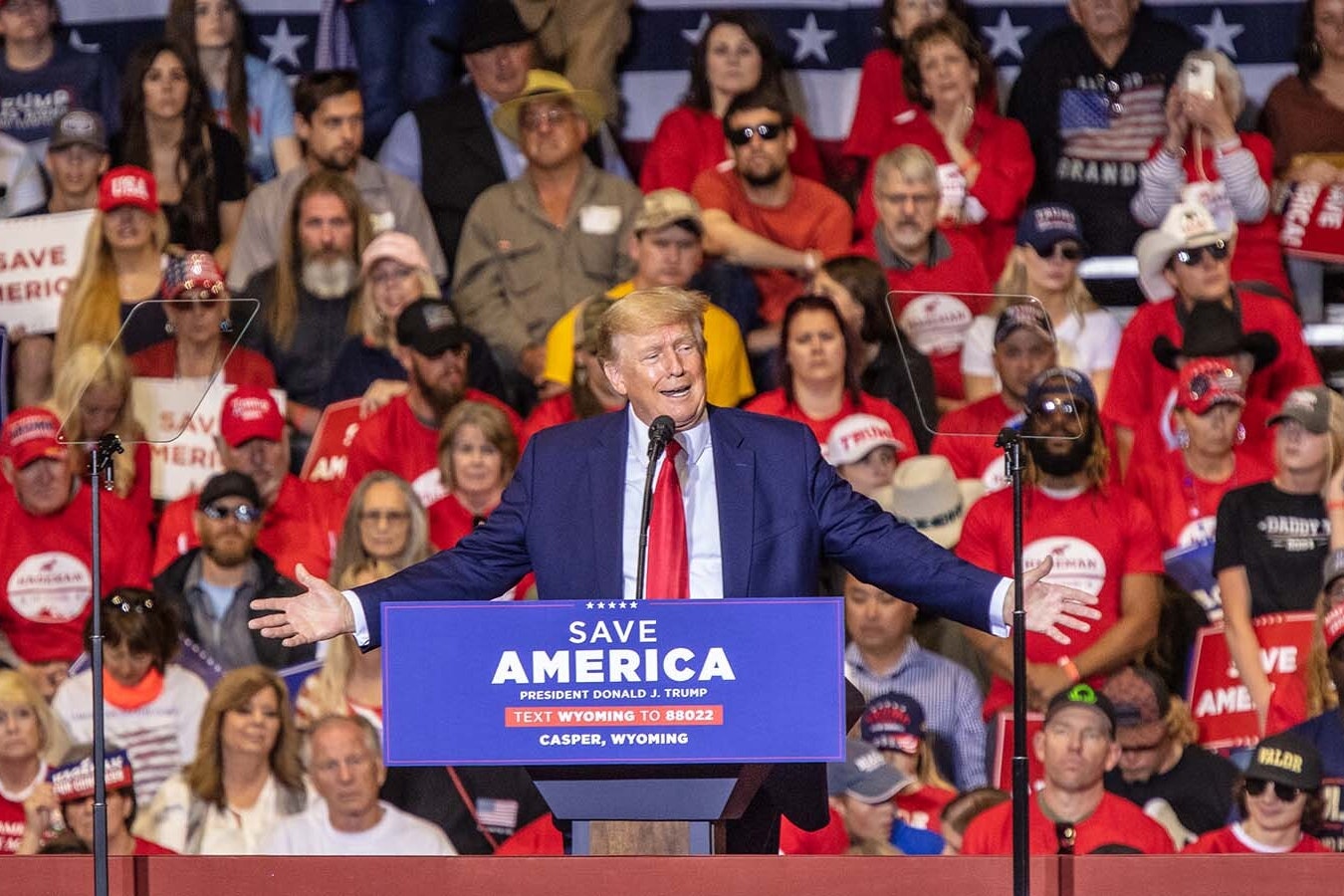 Former President Donald Trump addresses an enthusiastic crowd in Casper, Wyoming, in May 2022 during a rally in this file photo.