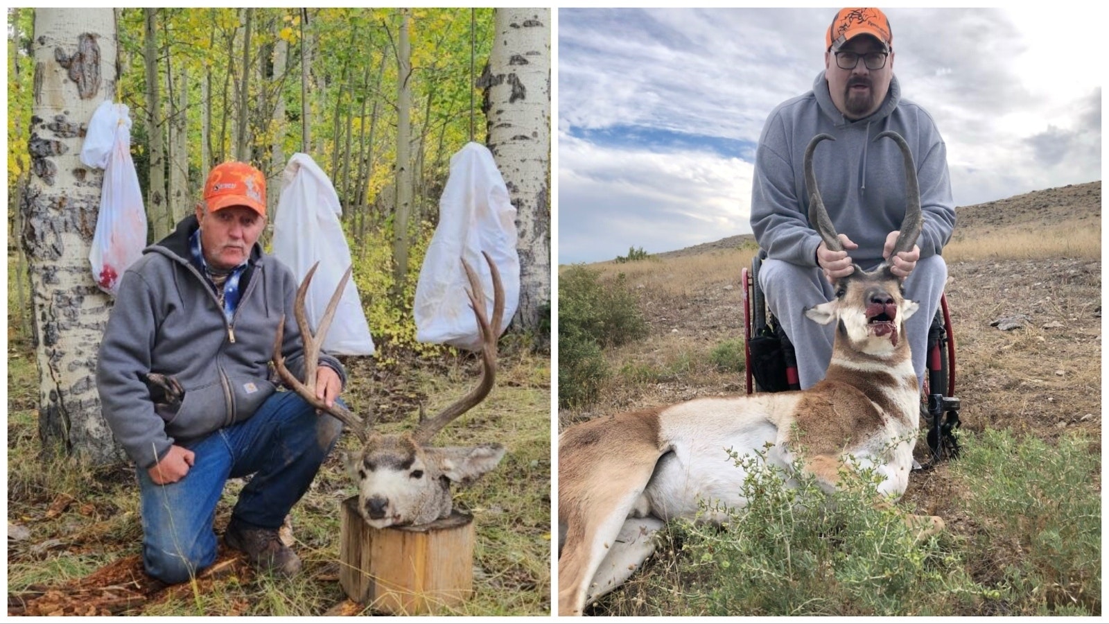 Richard Gunyan of Rock Springs, left, shot this huge mule deer buck last year. This year he turned deer tag in for the Let a Deer Walk program, and will have a taxidermist mount last year’s buck. Terri Elliott of Riverton, right, poses with a large antelope buck he bagged last year. He selected a commissioner’s hunting tag from the prize drawing and donated it.