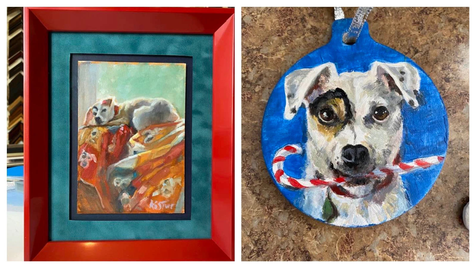 Left, a painting of Dot with a treat. She especially liked french fries. Right, her portrait on a tag.