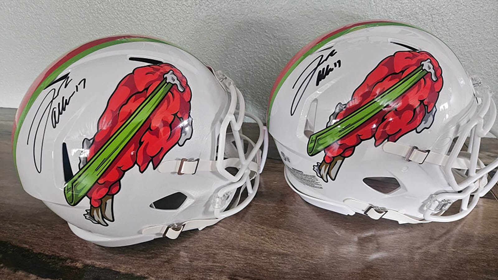 When the Buffalo Bills meet the world's best Buffalo Wings, you get this unique helmet. These are signed by Josh Allen.