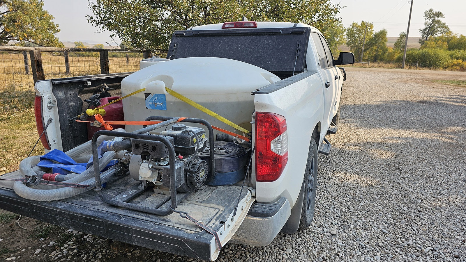 A "Hillbilly Hotshot' rig. Although discouraged by the professional firefighting team in the area, many ranchers have outfitted their trucks in this fashion and are patrolling their ranches and their neighbors ranches, alert for burning embers carried by wind that could carry the Elk Fire in northern Wyoming in new directions.