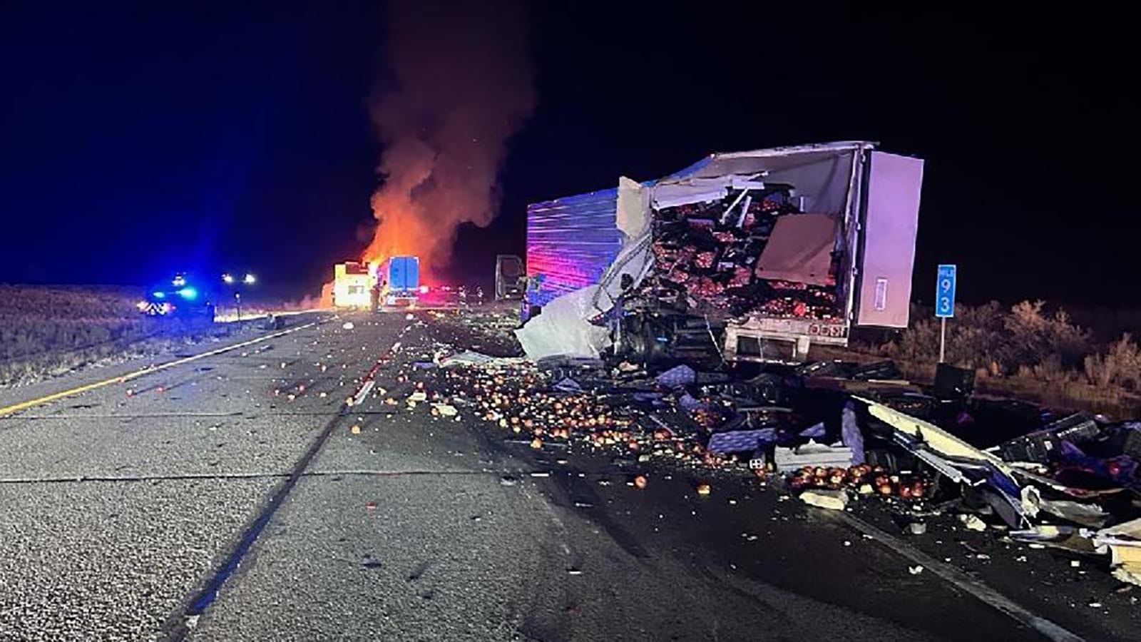 Two people are dead after their semitrailer exploded when it hit another semi that was parked illegally on the side of Interstate 80 near Green River on Sunday, Feb. 8, 2026. The crash “was a pretty bad one,” said one responder. “It was almost like a movie scene.”