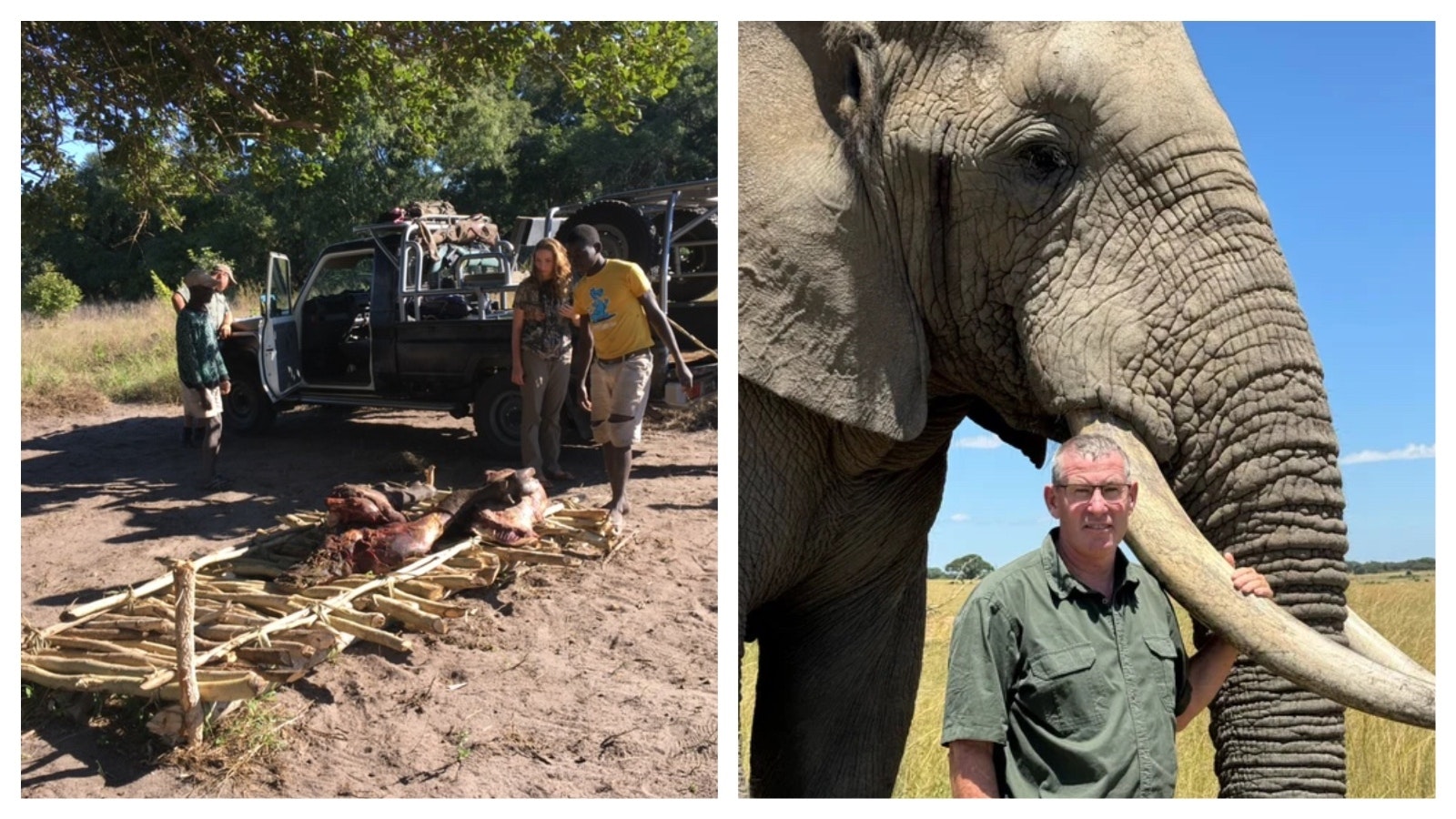 Left, to reduce demand for poached bush meat, anti-poaching tactics include providing access to sustainably harvested proteins. Right, Ivan Carter of the Ivan Carter Wildlife Conservation Alliance.