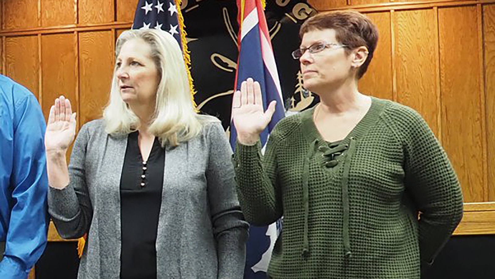René Kemper, left, and Kim Pexton are sworn into office in 2019 respectively as Douglas mayor and city councilwoman. Paxton is now the mayor after Kemper died in March.