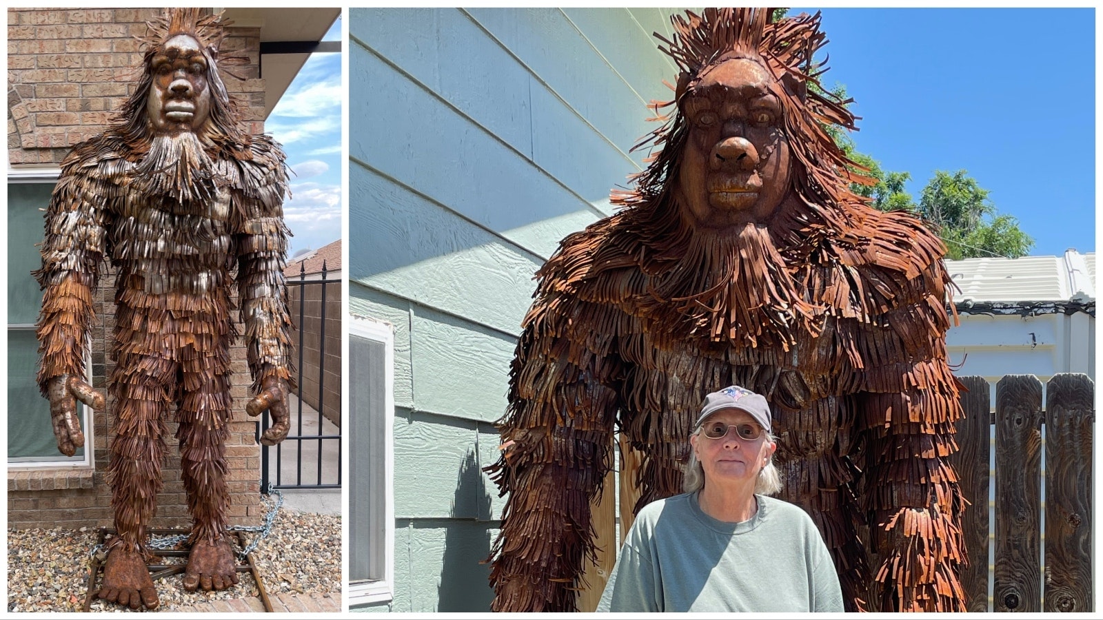 A giant 10-foot-tall, 350-pound sasquatch sculpture is hard to miss in Sue and Frank Kelley's yard in Douglas, Wyoming.