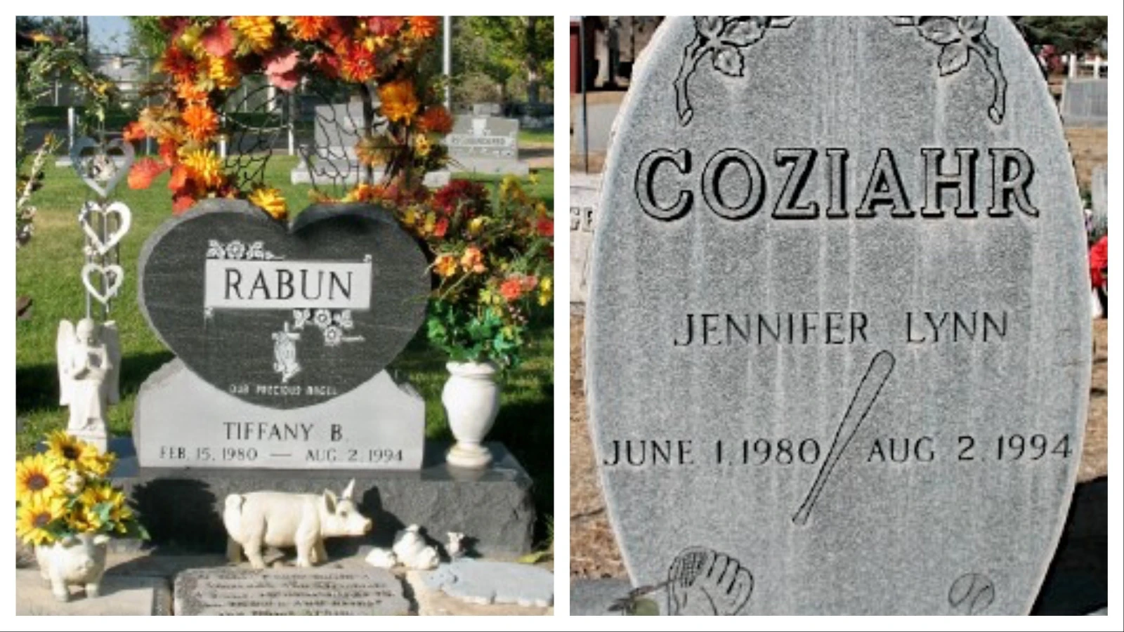 Left, Tiffany Rabun’s grave at Douglas Park Cemetery. She was active in sports and her church youth group her obituary stated. Right, Jennifer Coziahr’s love of baseball is reflected on her tombstone in Glendo.=