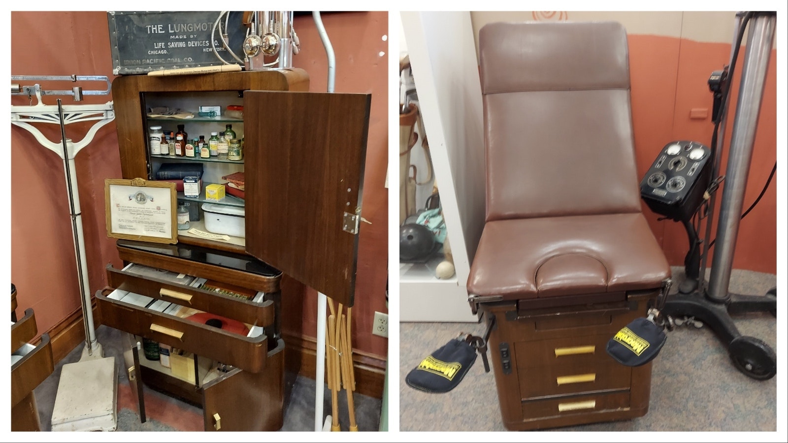 Dr. George Harrison's examination table, right, and more of a display of his office in the Rock Springs Historical Museum.