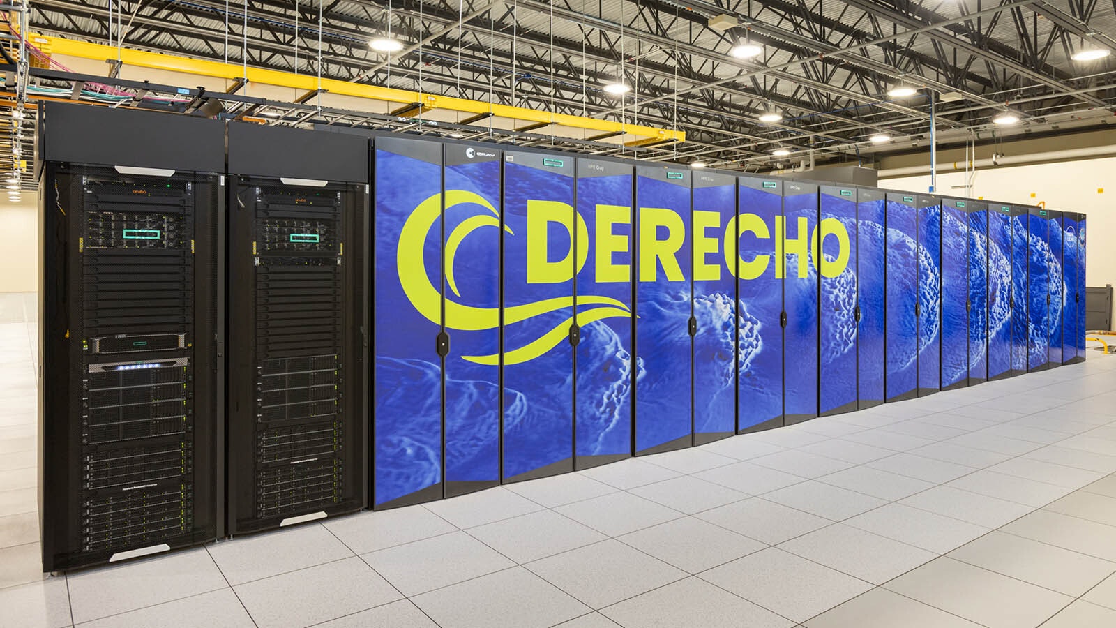 The Derecho supercompluter was installed at the Wyoming-NCAR Supercomputing Center in Cheyenne in 2023. It features 2,488 compute notes with 128 AMD Milan cores for each node, along with 82 nodes with four NVIDIA A100 GPUs each. It boasts a speed of 19.87 petaflops.
