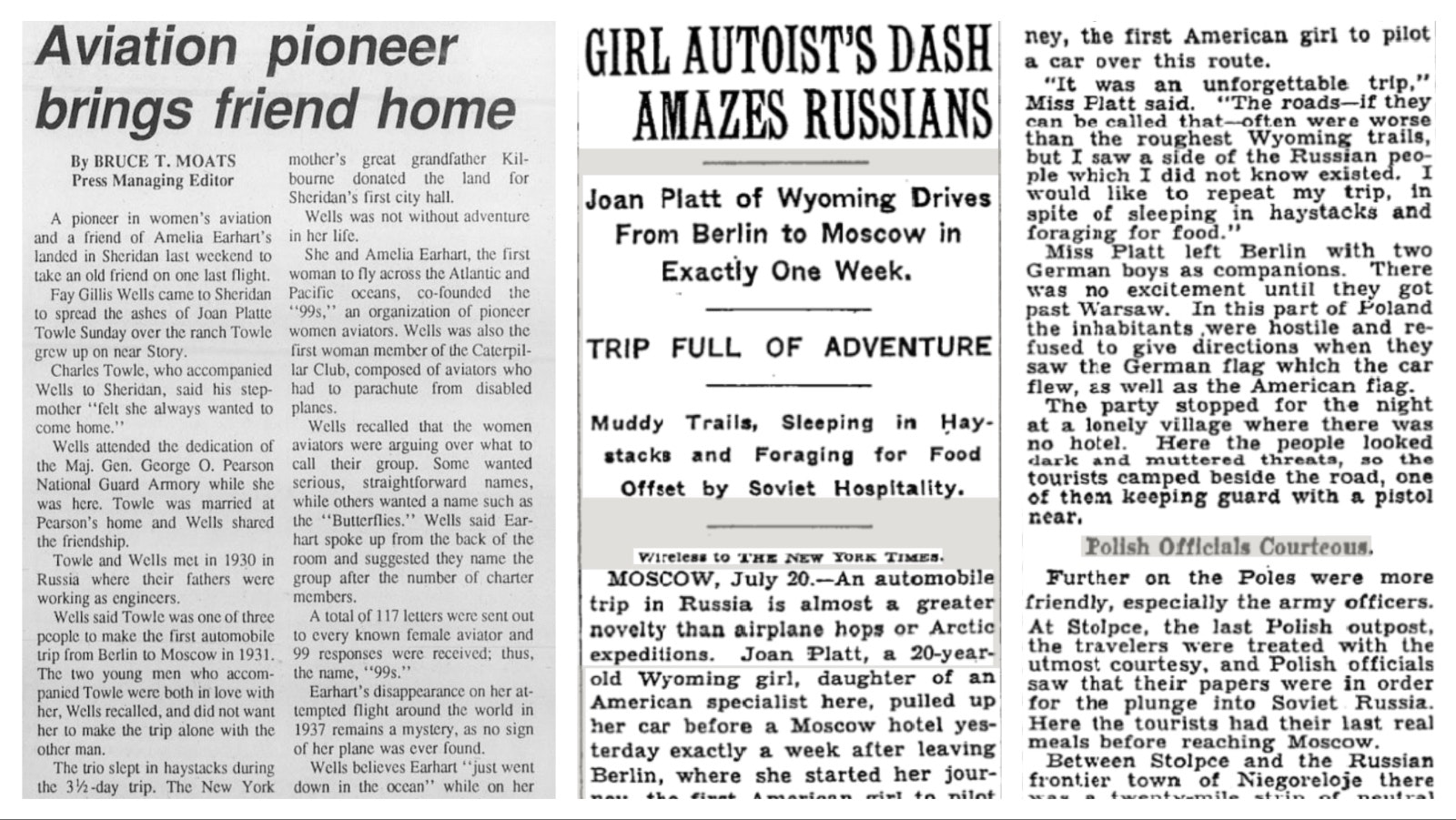 Left, The Sheridan Press on Aug. 20, 1990, reported on Joan Platt Towle’s last trip home. Right, The New York Times on July 21, 1931, published a story about a Sheridan, Wyoming girl who drove from Berlin to Russia.