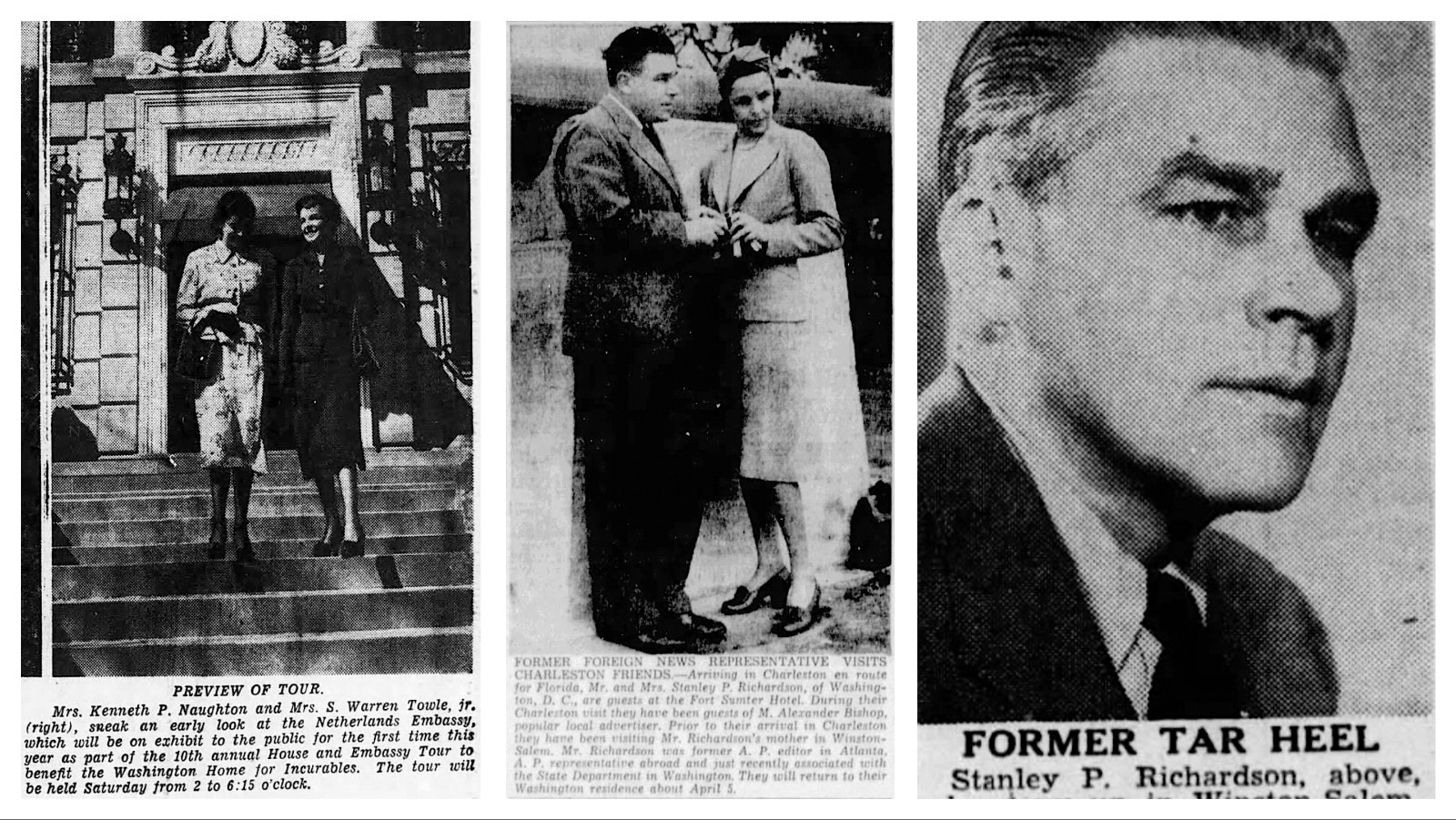 Left, the Washington Evening Star on April 8, 1951, featured a photo of Joan Platt Towle to promote a benefit tour. Center, The Winston-Salem Journal printed a photo of Stanley and Joan Richardson for its Feb. 19, 1941, edition. They were guests at the Fort Sumter Hotel. Right, the Greenboro, North Carolina, News and Record on Nov. 7, 1947, announced that Stanley Richardson was taking a position with Voice of America.