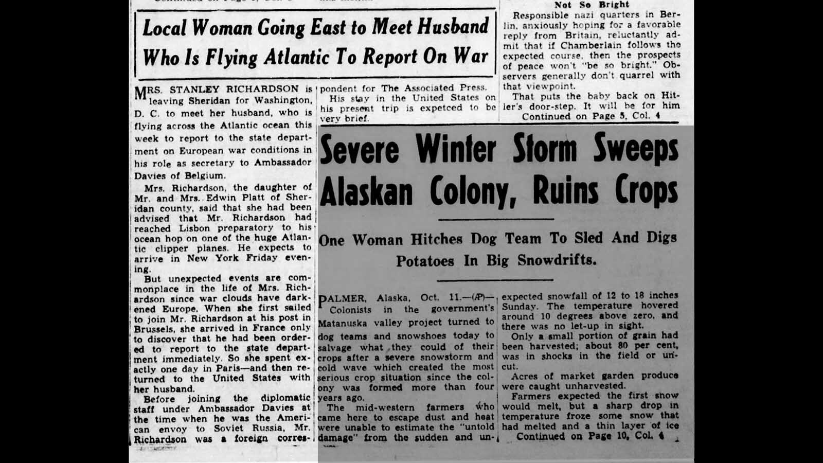 The Sheridan Press on Oct. 11, 1939, reported on Joan Richardson returning to Washington, D.C., as her husband returned from Europe.