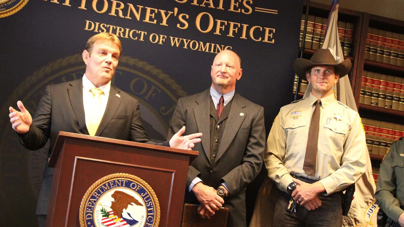 U.S. Attorney for Wyoming Darin Smith, left, announced Friday that all of the persons arrested in 2025 in a major drug trafficking ring in Wyoming and Colorado have been convicted. Also speaking at the news conference were Department of Criminal Investigation Director Ron Cox, center, and Carbon County Sheriff Alex Bakken, right.