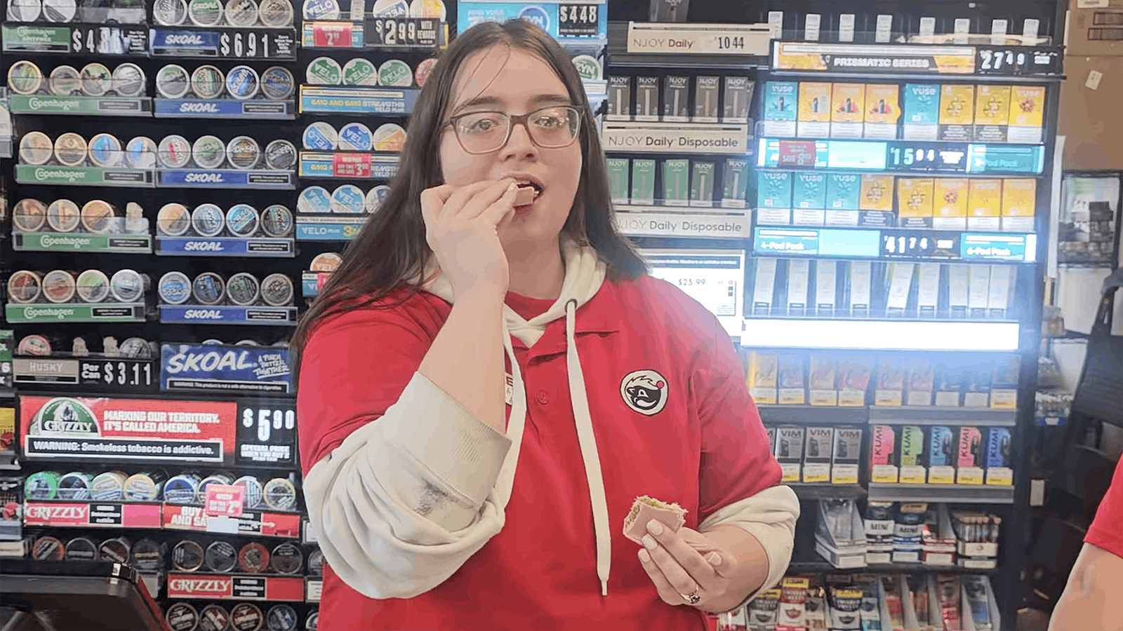 Rawlins gas station clerk Teresa Wood tries Dubai chocolate for the first time, and she's not a fan.