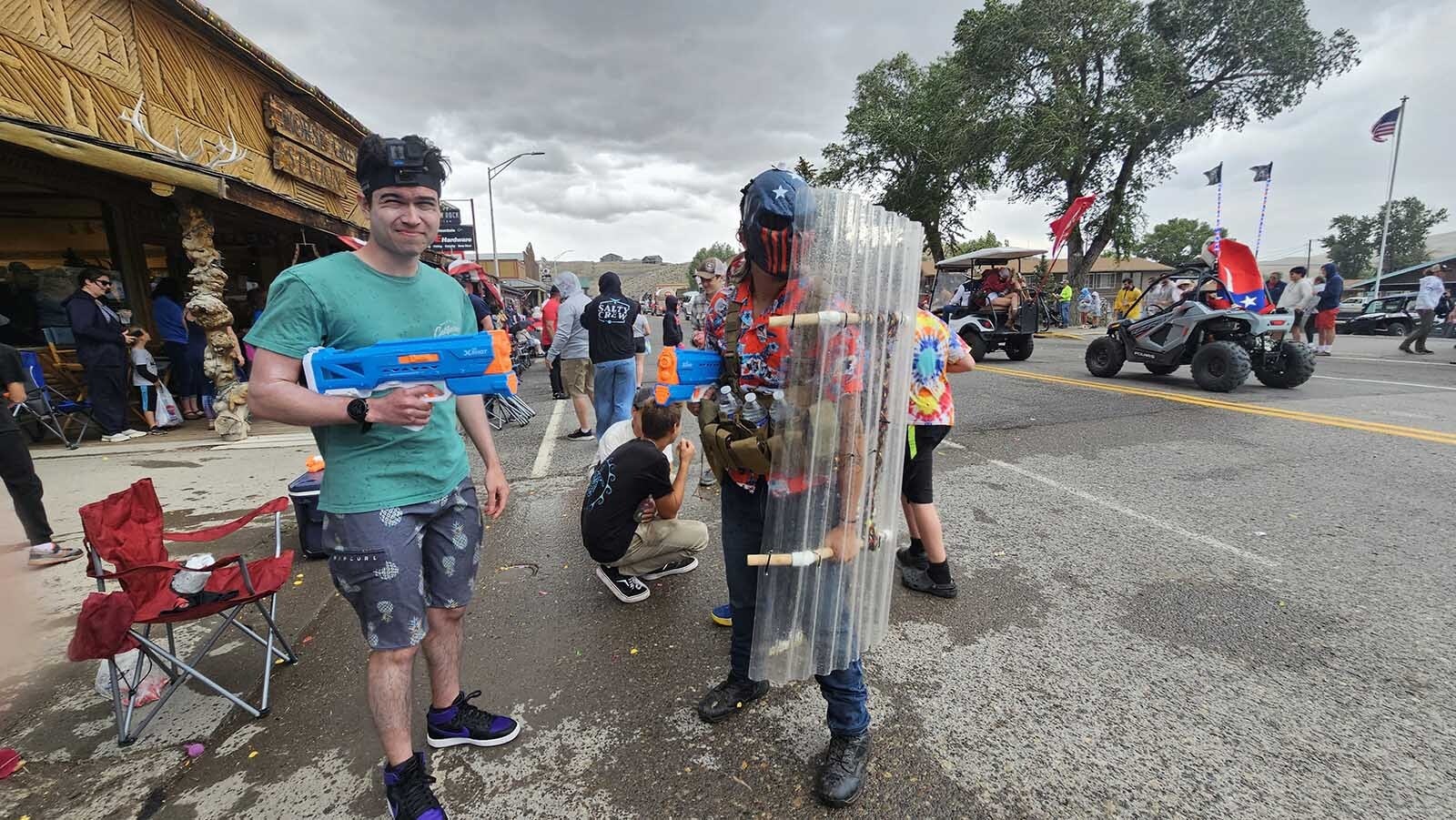 Ryan Hill and Dre Sanderson decked out for the annual water fight with the fire department's water truck.