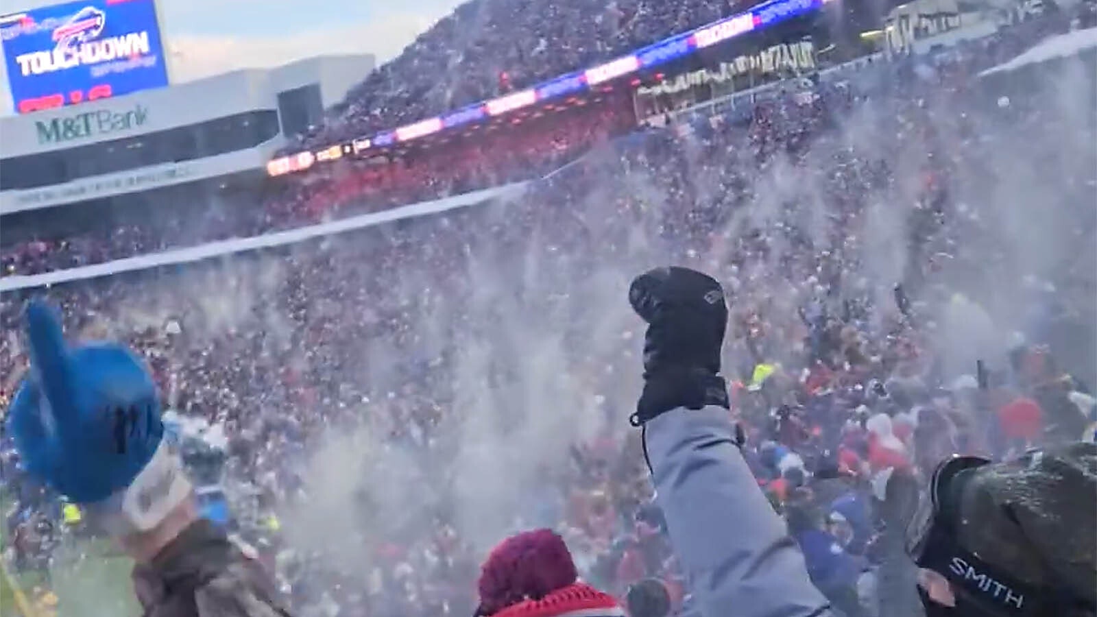 After scoring a touchdown against the Pittsburgh Steelers last week, Buffalo Bills fans celebrate by throwing handfuls of snow.