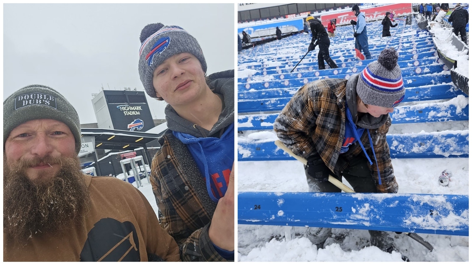 Trent Weitzel and Ransom Kissler show up to help the Bills Mafia clear Highmark Stadium of snow ahead of Sunday's playoff game.