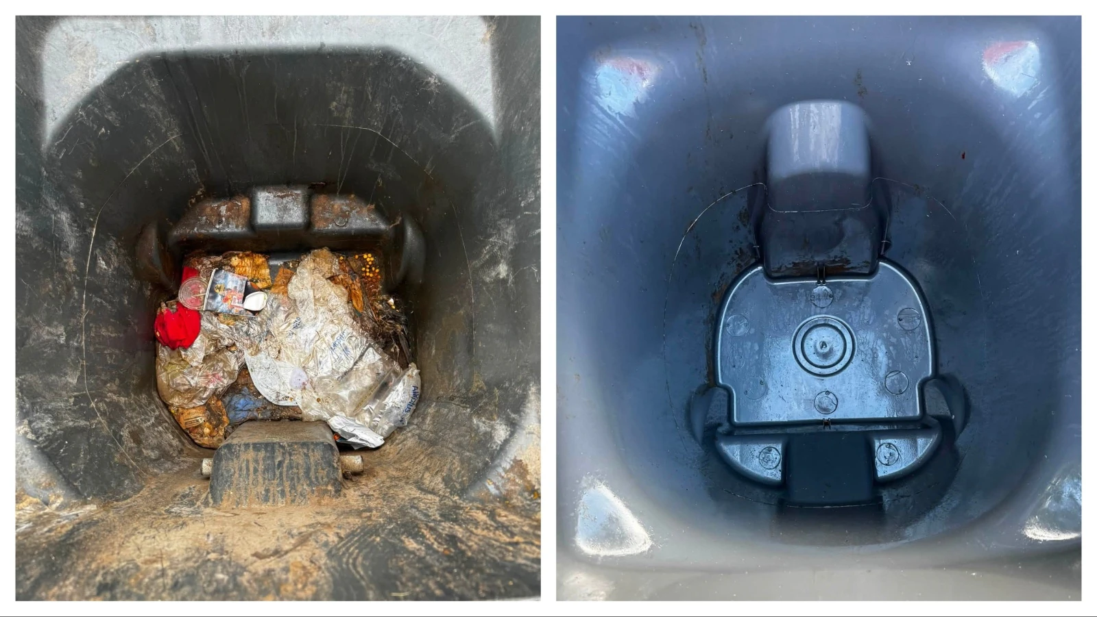 After Michael Addleman of 307 Bin Cleaning finishes pressure washing, scrubbing and deodorizing a garbage bin, the bottom looks dramatically different. 