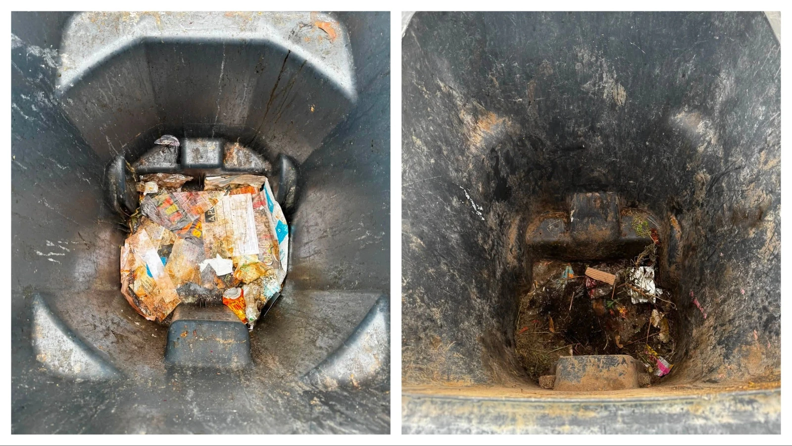Trash and grime cling to the bottom of a Cheyenne garbage bin before Michael Addleman of 307 Bin Cleaning gets to work. 