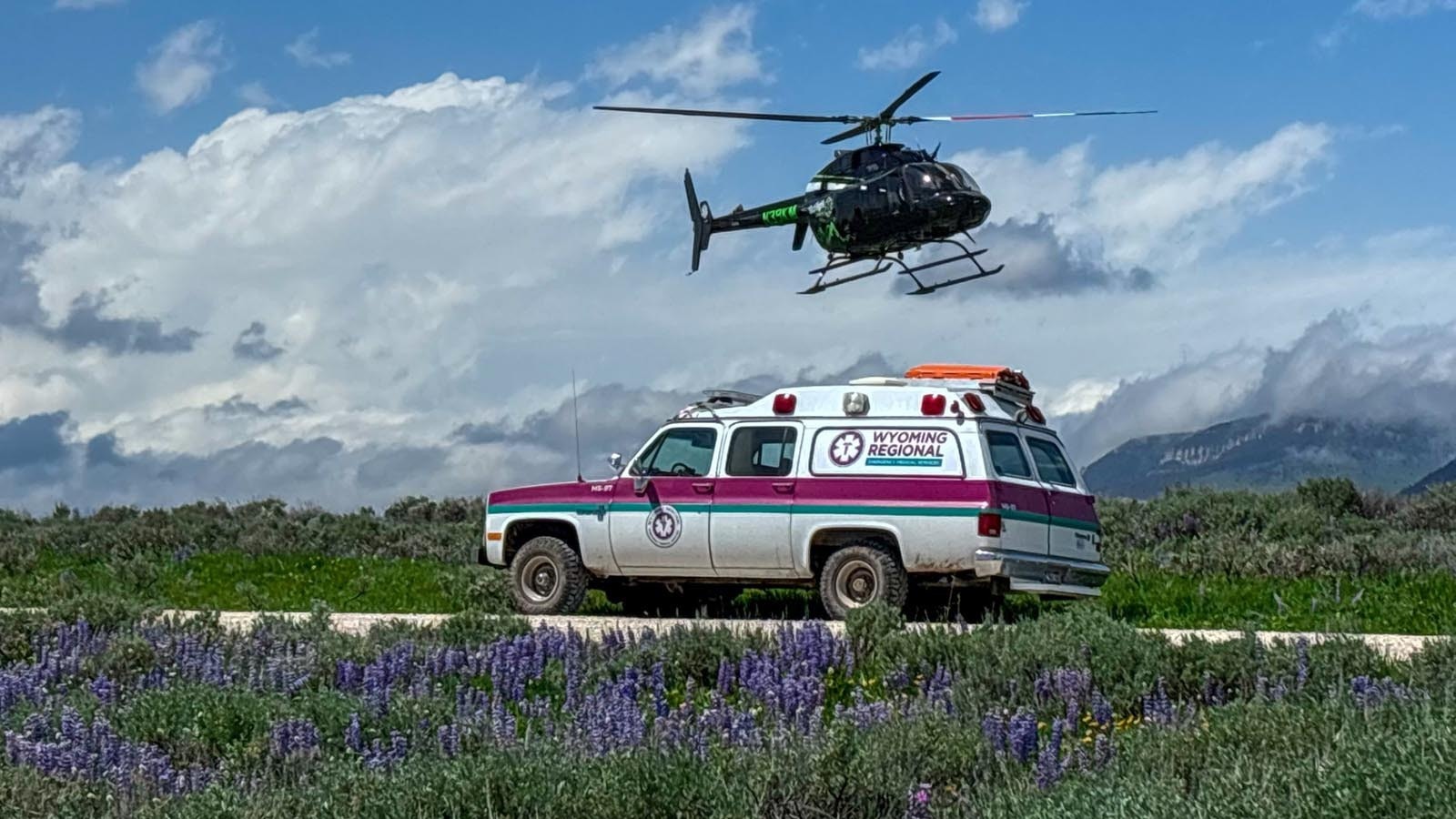n ambulance and a helicopter on standby at the 2025 Bighorn Trail Run.