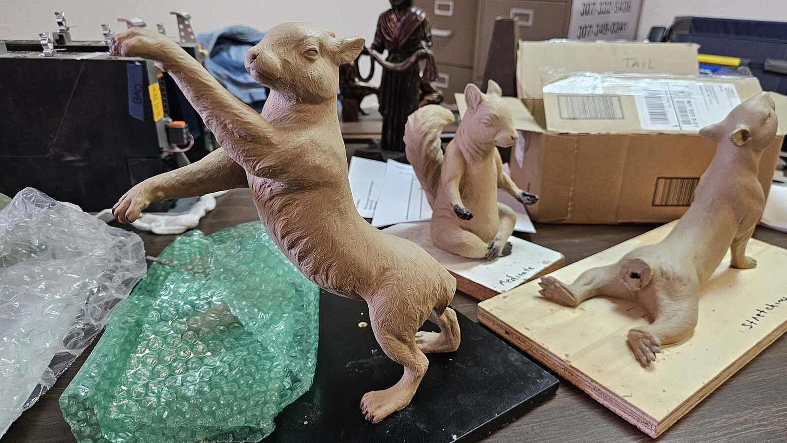 Oil-clay sculptures by Chris Navarro that will be going into a hospital as a children's scavenger hunt. Navarro is one of several prominent artists who use the Eagle Bronze foundry in Lander.