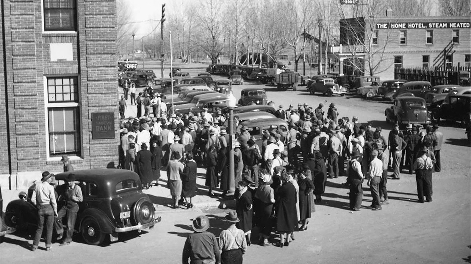 After the final shootout that ended Earl Durand's reign of terror, a crowd gathered outside First National Bank in Powell, Wyoming.