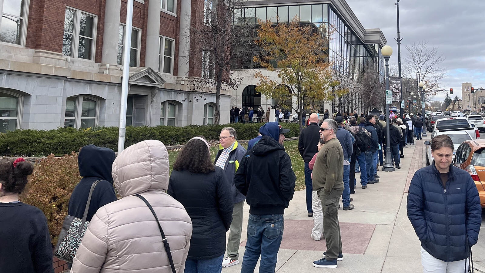 An early voting line stretches around the block at the Laramie County Clerk's Office in Cheyenne on Monday, Nov. 4, 2024, the day before the general election.