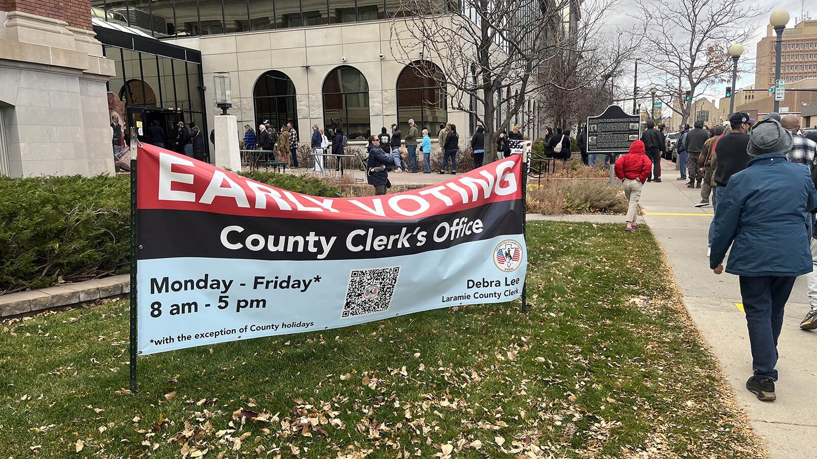 An early voting line stretches around the block at the Laramie County Clerk's Office in Cheyenne on Monday, Nov. 4, 2024, the day before the general election.