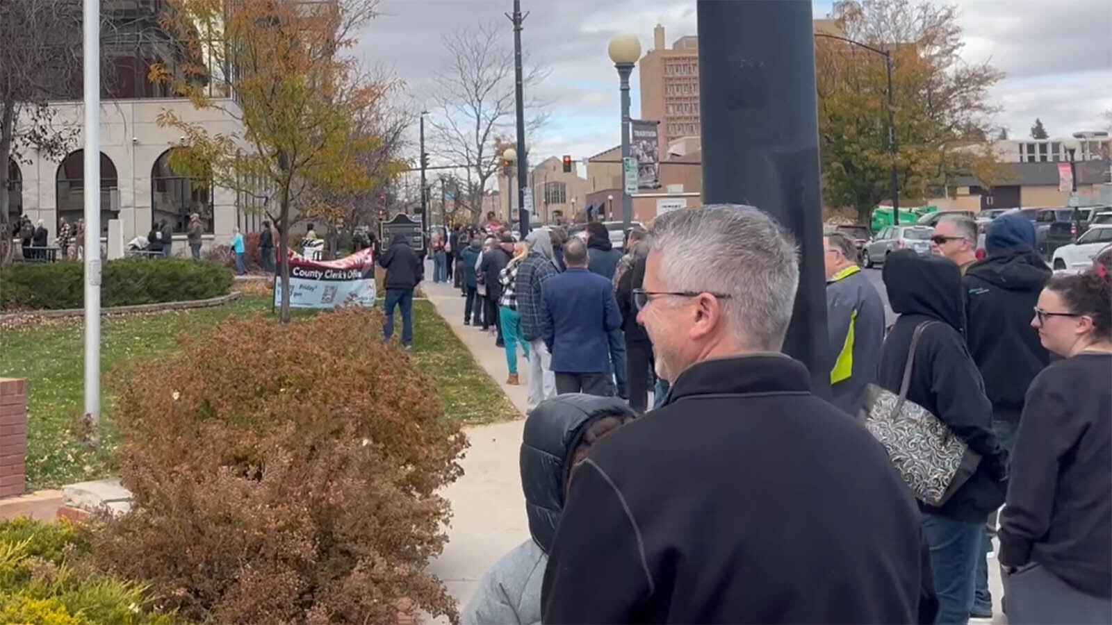 The line for early voting stretches around the block at the Laramie County Clerk's Office in Cheyenne on Monday, Nov. 4, 2024, the day before the general election.