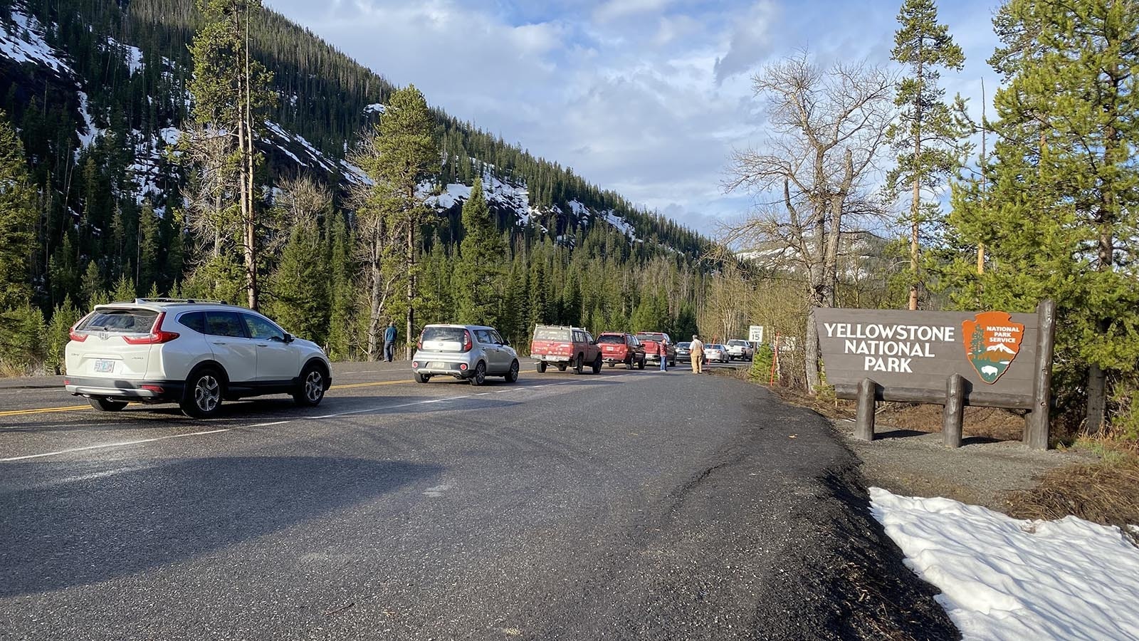 A line of vehicles waiting to pass through the East Entrance of Yellowstone National Park. The East Entrance had only 21% of the traffic of the park's West Entrance in 2024, which Cody businesses hope will make the East Entrance more desirable as a slower, wilder way to start their Yellowstone adventures.