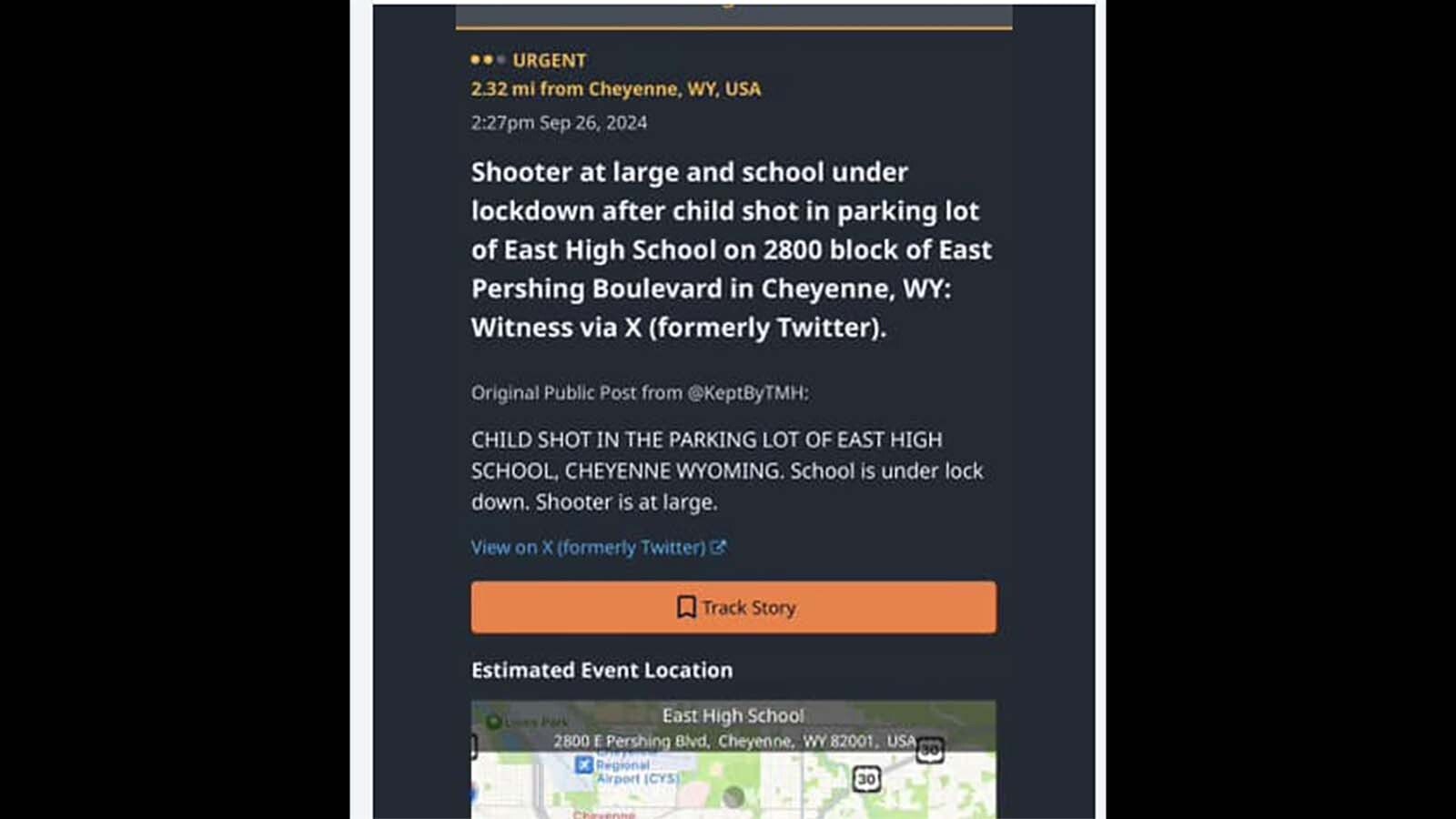 This fake post about a shooting at East High School in Cheyenne that didn't happen was captured in a screenshot, but has since been deleted from X.