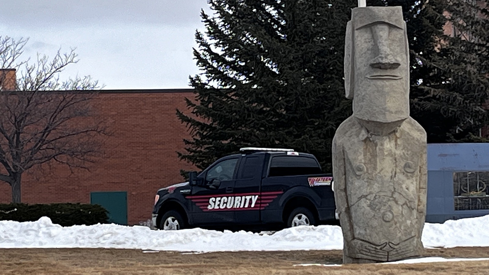 One of a pair of giant 9-ton Moai statues on the campus of Western Wyoming Community College in Rock Springs. They were built in 1987 but, like the Easter Island heads they resemble, why they're there is a mystery.