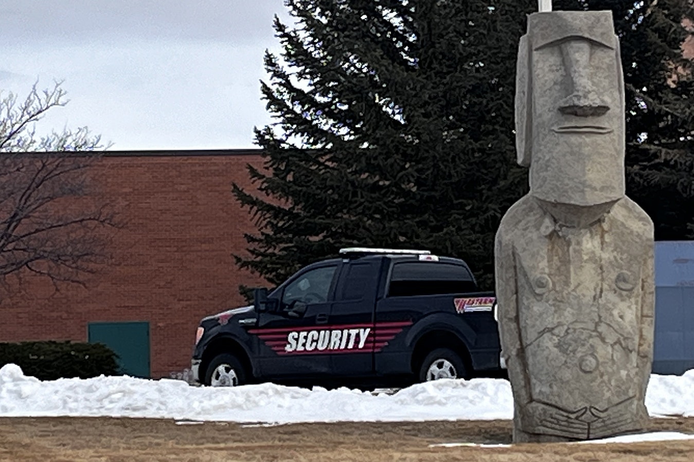 One of a pair of giant 9-ton Moai statues on the campus of Western Wyoming Community College in Rock Springs. They were built in 1987 but, like the Easter Island heads they resemble, why they're there is a mystery.