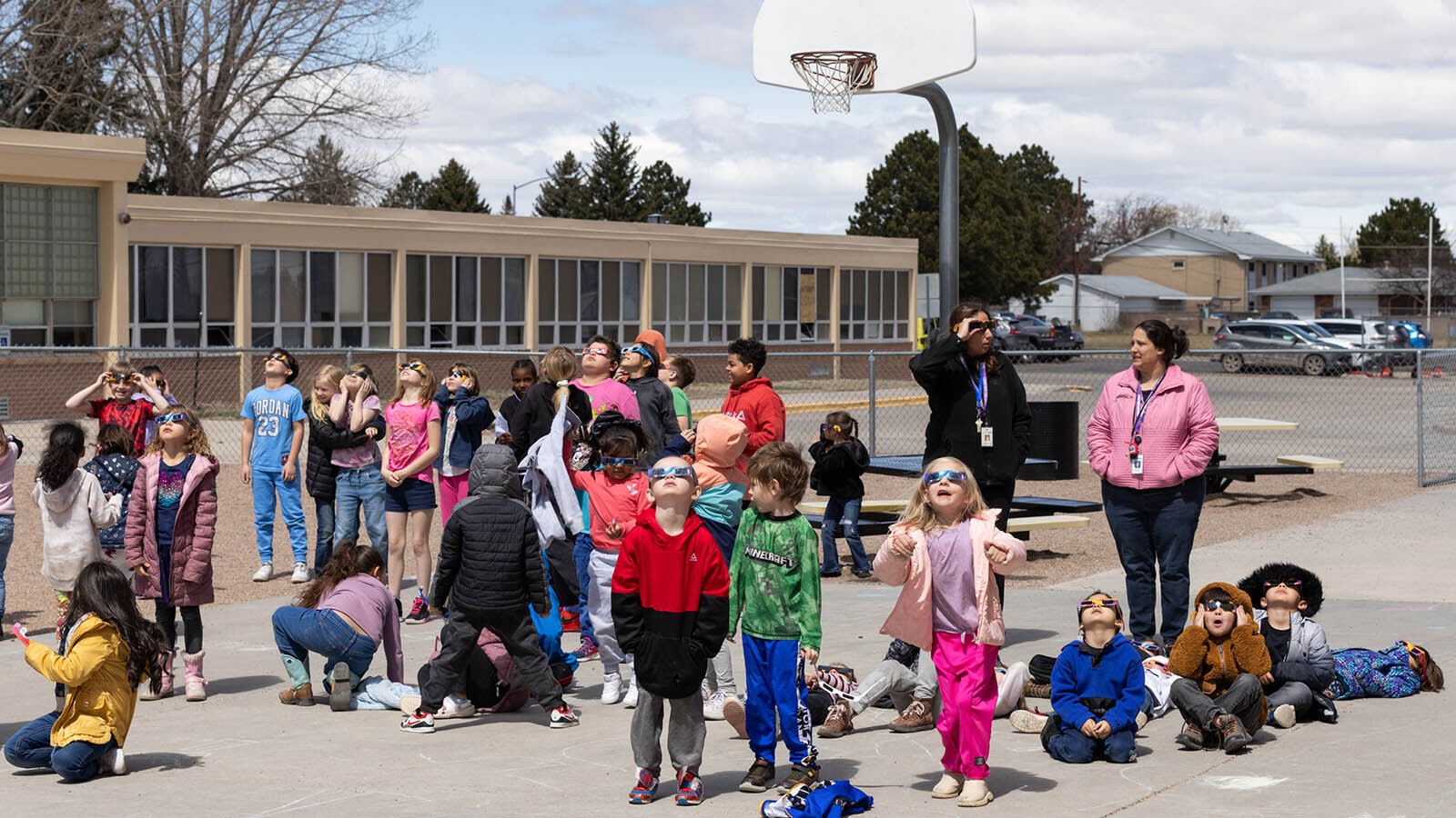 Arp Elementary students view the eclipse in Cheyenne, Wyoming, on April 8, 2024.