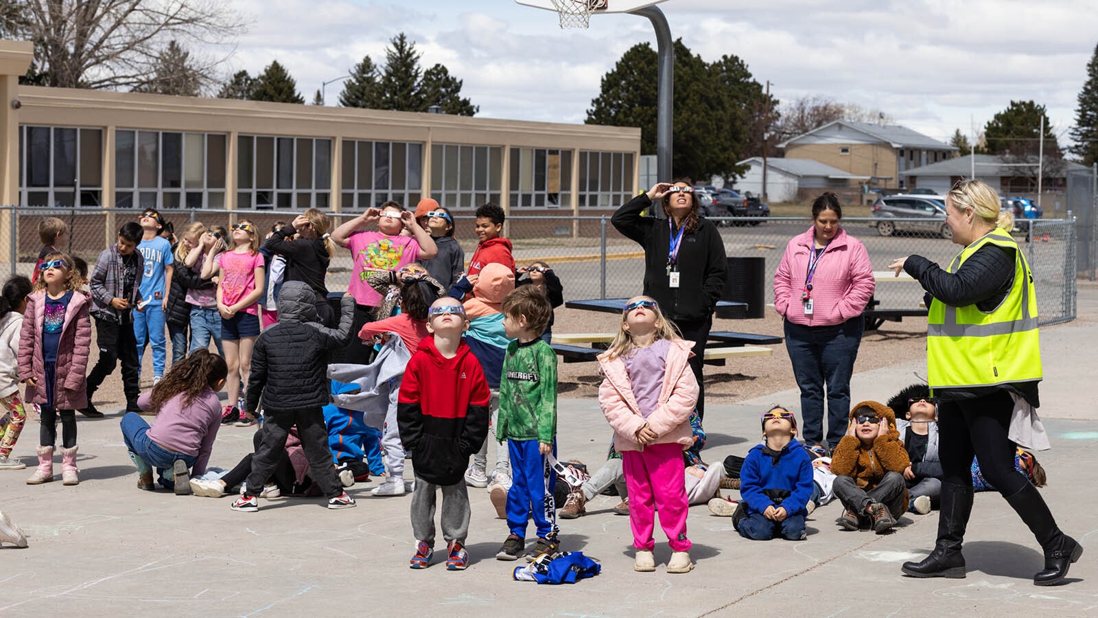 Arp Elementary students view the eclipse in Cheyenne, Wyoming, on April 8, 2024.