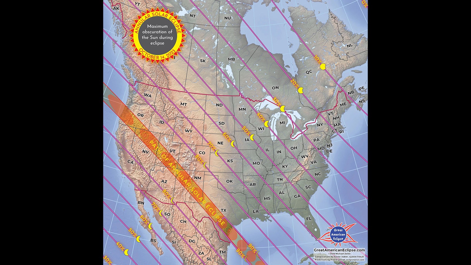 A map showing the path of annularity for the Oct. 14 annular eclipse. Like the 2017 total eclipse, only certain areas of the United States will see the annulus, "the ring of fire," since the moon is too far from Earth to fully cover the sun. Nobody in Wyoming will see the full experience without traveling.