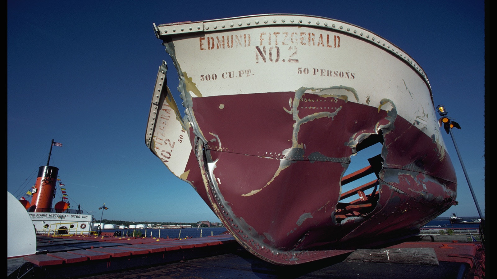 The prow of the lifeboat from the sunken ore carrier Edmund Fitzgerald on display on the SS Valley Camp, Sault Ste. Marie, Michigan. | Location: SS Valley Camp, Marquette County Historical Society Museum, Sault Ste. Marie, Michigan.